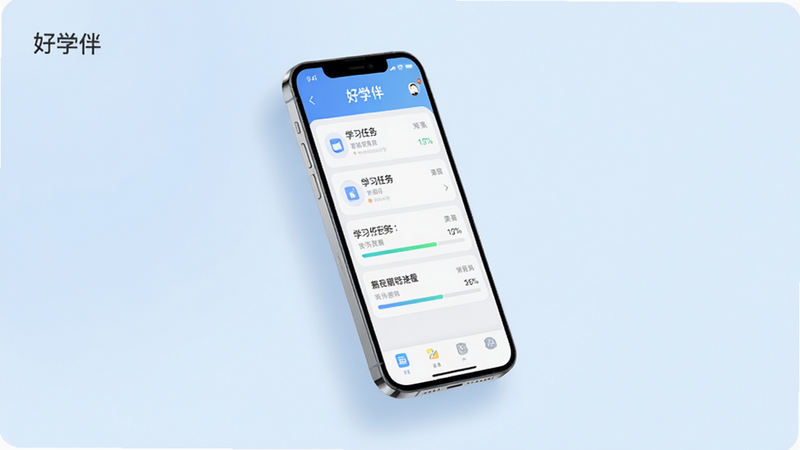 主体为一款名为“好学伴”的手机应用界面展示,布局采用极简主义风格,背景为干净的浅蓝色渐变,中央悬浮着智能手机模型,屏幕显示清晰的学习任务列表与进度条,排版整齐有序,风格现代科技感,细节处包含柔和的阴影效果,画质高清,干净,无多余元素,文字标注“好学伴”