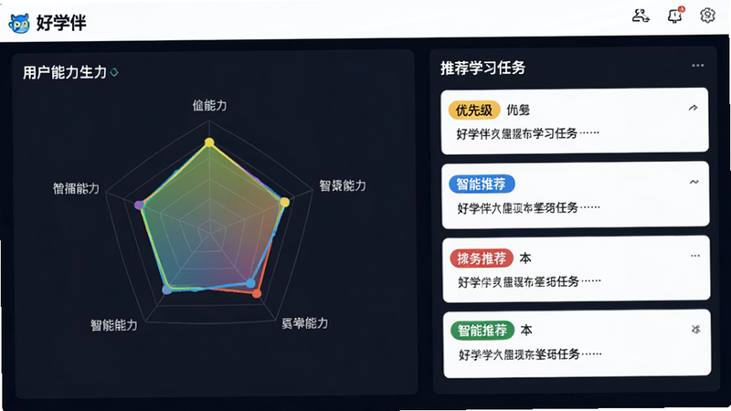 主体为“好学伴”个性化学习路径规划界面,布局为左右分栏,左侧显示用户能力雷达图,右侧显示推荐的学习任务列表,排版清晰易读,风格专业商务,细节处雷达图颜色鲜艳,任务列表带有优先级标签,画质精细,干净,无多余元素,文字标注“智能推荐”