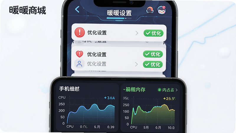 主体为“暖暖商城”设置界面与手机硬件监控浮窗,布局为上下结构,上方为游戏内设置选项,下方为手机CPU与内存占用图表,排版清晰直观,风格为科技感与卡通结合,细节处有红色警示图标与绿色优化标签,画质高清,干净背景,文字标注“优化设置”