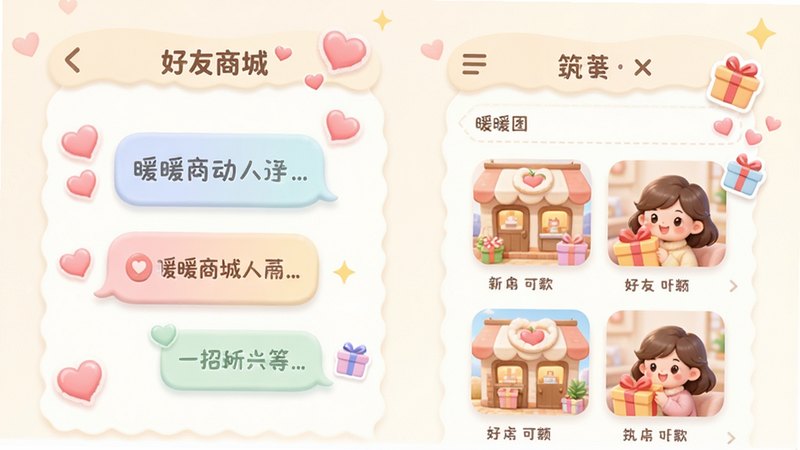 主体为“暖暖商城”好友互动界面,布局为左右对话气泡与店铺缩略图,排版温馨亲切,风格为马卡龙色系卡通风,细节处有爱心气泡与礼物盒图标,画质柔和明亮,干净背景,文字标注“好友互动”