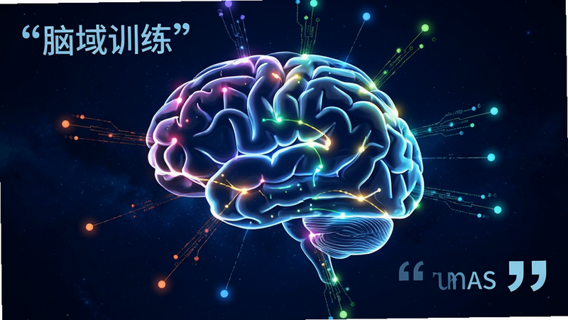 主体为抽象的大脑神经网络图,背景为深空蓝,布局呈放射状,展示不同颜色的光点连接代表不同脑区,排版科技感强,风格为赛博朋克微光效果,细节展示数据流动,画质8k,干净,无多余元素,文字“脑域训练”加引号