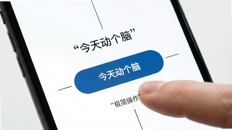 主体为手机屏幕特写,展示“今天动个脑”的极简操作界面,布局为全屏留白,仅中央有一个大按钮和简单的线条指引,排版极简主义,风格清新明快,细节处展示手指点击动作,画质超清,干净,无多余元素,文字“极简操作”加引号