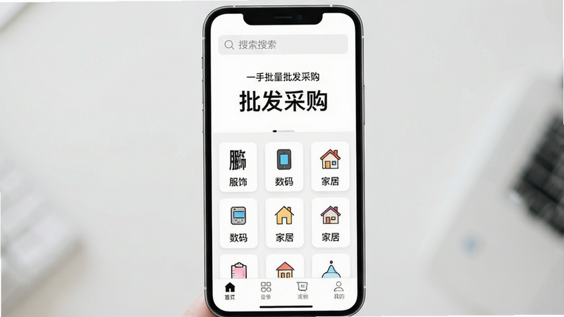 一款名为“一手批量批发采购”的智能手机应用界面展示,屏幕中央显示“批发采购”主标题,下方排列着多个分类图标如服饰、数码、家居,背景为简洁的白色,顶部有搜索栏,底部导航栏清晰可见,整体风格现代简约,高清,干净,无多余元素