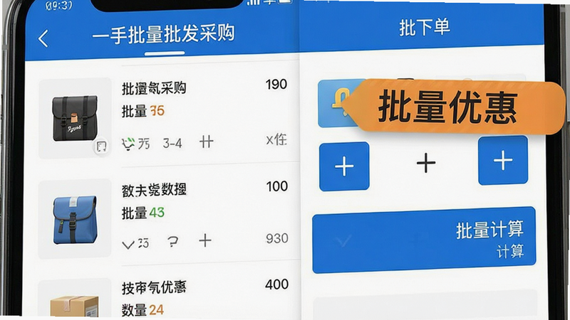 手机界面特写,展示“一手批量批发采购”APP的批量下单页面,左侧是商品列表,右侧是数量加减按钮和总价计算区域,突出显示“批量优惠”标签,界面布局紧凑有序,色彩以品牌蓝为主,细节清晰,高清,无多余元素
