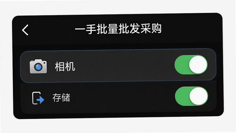手机设置界面示意图,显示“一手批量批发采购”APP的权限管理页面,高亮显示“相机”和“存储”权限开关,背景为深色模式,界面清晰,文字可读,高清,无多余元素