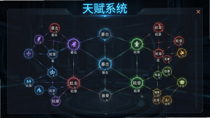 主体为游戏内的天赋树界面,展示复杂的连线与节点,节点发光呈现不同颜色代表不同属性,背景为半透明的深色UI面板,布局为网状结构,排版清晰有序,风格为科幻科技感,细节显示节点名称如
