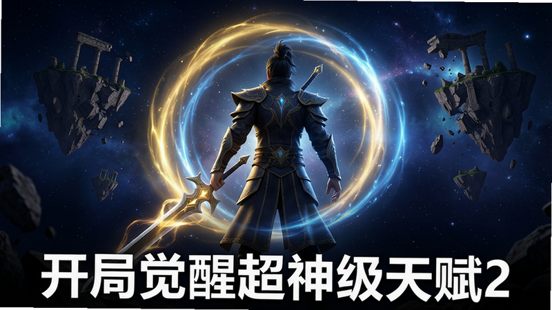 主体为游戏《开局觉醒超神级天赋2》的高清主视觉图,画面中央是一位手持发光长剑的主角背影,周围环绕着金色与蓝色的能量光环,背景是深邃的星空与破碎的浮空岛,布局居中对称,排版简洁大气,风格为写实3D渲染,细节丰富,光影效果逼真,画质4K,干净无多余元素,文字