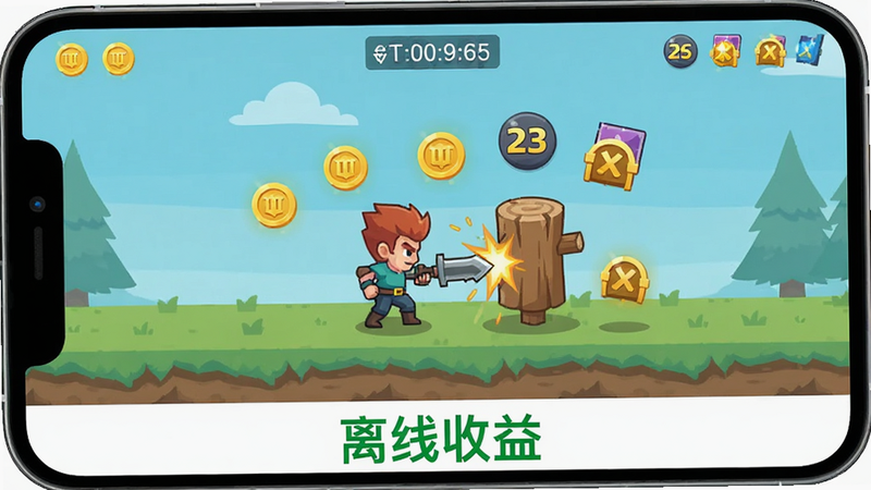 主体为手机屏幕显示的游戏挂机界面,角色正在自动攻击木桩,周围漂浮着金币和经验值图标,布局简洁,排版以手机竖屏为主,风格为扁平化插画,细节显示时间计数器,画质清晰,干净,无多余元素,文字