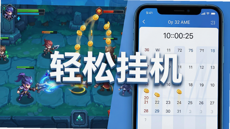 主体为游戏挂机界面与手机日历并置的创意合成图,左侧显示角色自动战斗,右侧显示时间流逝,布局左右分割,排版现代简约,风格为科技感蓝白色调,细节显示金币掉落轨迹,画质精致,干净,无多余元素,文字