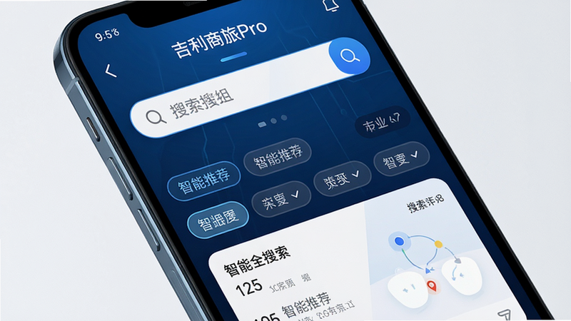 吉利商旅Pro智能搜索界面特写,主体为手机屏幕,布局显示搜索框与筛选标签,排版上下结构,风格科技感蓝色调,细节显示“智能推荐”字样,画质清晰,干净
