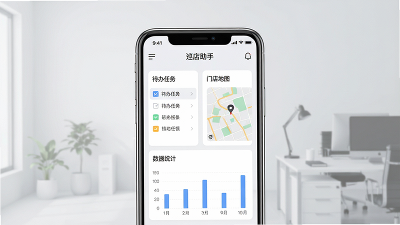 一张现代极简风格的软件界面展示图,主体为手机屏幕,屏幕上显示“巡店助手”APP的首页,界面包含“待办任务”、“门店地图”和“数据统计”三个主要模块,背景为浅灰色渐变的办公环境,画面干净,无多余装饰,高清质感,扁平化设计风格