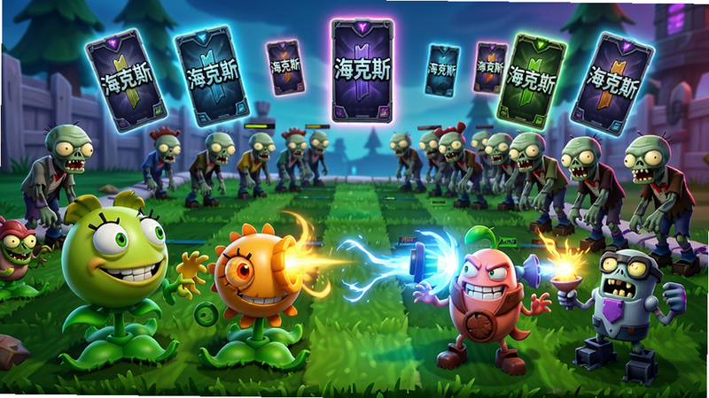一张展示《植物大战僵尸海克斯大乱斗版》核心玩法的高清概念图,主体为草坪战场,前景是正在释放强力技能的植物角色,背景是成群结队的僵尸,空中漂浮着多个发光的“海克斯”选择卡片,整体布局饱满,排版清晰,风格为卡通渲染与赛博朋克光影结合,细节丰富,画质4K,干净,无多余元素