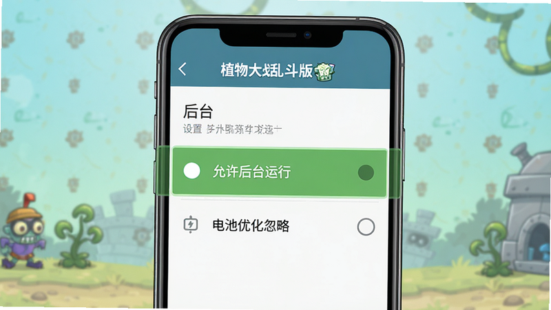 一张手机界面示意图,展示《植物大战僵尸海克斯大乱斗版》的后台设置页面,重点高亮“允许后台运行”和“电池优化忽略”选项,布局清晰,排版简洁,风格为扁平化UI,细节清晰,画质高清,干净,无多余元素