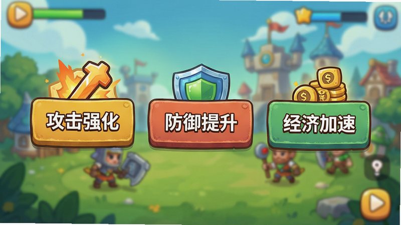 游戏内界面截图风格插图,展示三个悬浮的选择框,分别写着“攻击强化”、“防御提升”、“经济加速”,背景模糊处理突出前景选项,色彩鲜艳,卡通风格,清晰展示UI设计