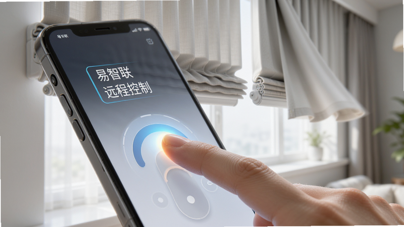 主体为手指在手机屏幕上滑动控制智能窗帘的示意图,布局聚焦于交互手势与窗帘状态变化,排版突出操作焦点,风格为明亮自然光效,细节展示指尖触碰屏幕的微光与窗帘缓缓关闭的动态,画质细腻,干净无多余元素,文字内容包含“易智联”、“远程控制”