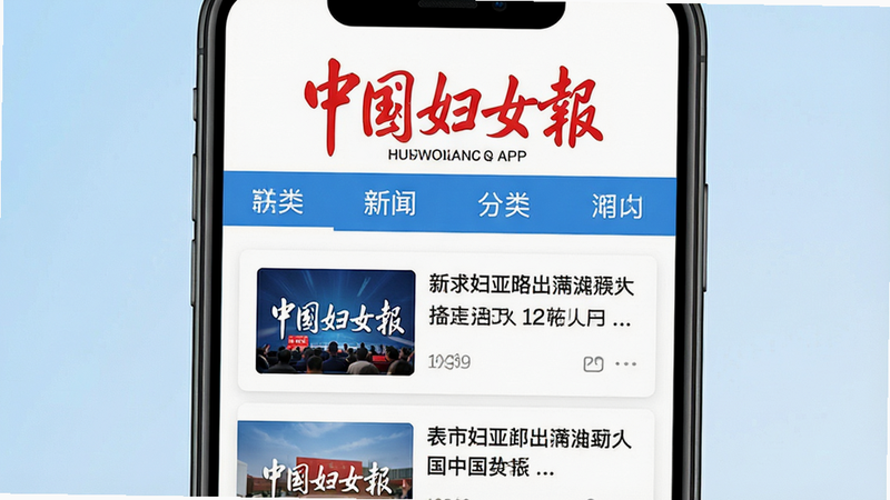 一张高清手机屏幕展示图,主体为“中国妇女报”APP界面,顶部显示红色报头标题,中间是分类导航栏,下方是新闻列表卡片,风格简洁商务,背景为淡蓝色渐变,画质清晰,无多余元素