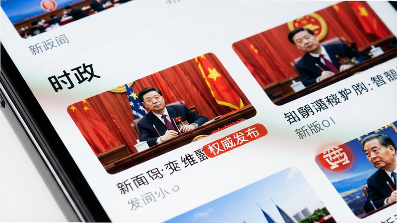 手机界面特写,聚焦于“时政”版块,显示多张新闻缩略图,红色高亮显示“权威发布”标签,界面整洁,字体清晰,背景纯白,细节精致
