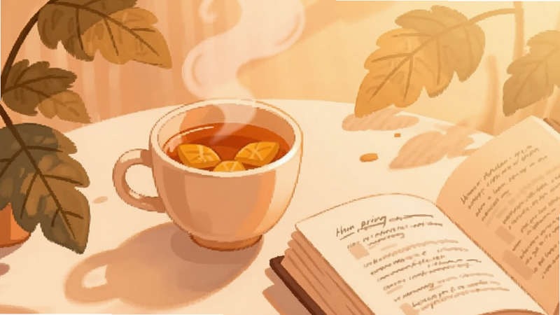 温馨治愈风格插图,画面中有一杯热茶和打开的书本,旁边有舒缓的植物叶片,色调为暖橙色与米色,光影柔和,传达宁静感,无文字干扰,高分辨率