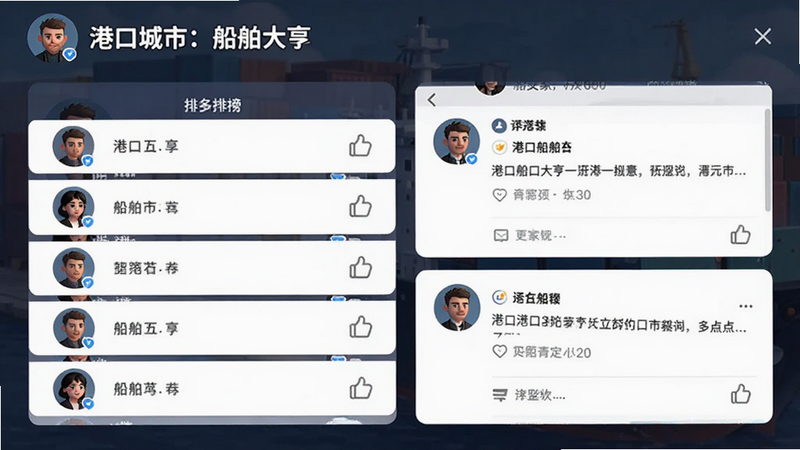 主体为《港口城市: 船舶大亨》玩家社区界面,布局展示排行榜与玩家评论,排版卡片式,风格为社交风,细节展示头像与点赞图标,画质清晰,干净,无多余元素