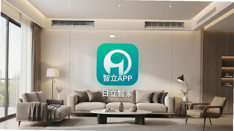 一张高清现代家居场景图,主体为日立智家APP界面悬浮在客厅背景上,布局中心突出APP图标,排版简洁大气,风格为现代极简主义,细节展示空调出风口与柔和光线,画质4K,干净无多余元素,文字“日立智家”清晰可见