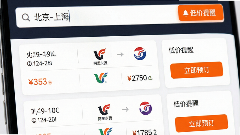 主体为“阿里商旅”机票预订界面特写,布局呈现列表式排列,上方为搜索栏输入“北京-上海”,下方展示多个航班卡片,包含时间、价格、航空公司Logo,排版清晰,风格为扁平化UI设计,细节处突出“立即预订”按钮的高亮状态,画质高清,干净,无多余元素,文字清晰,包含“阿里商旅”、“低价提醒”字样