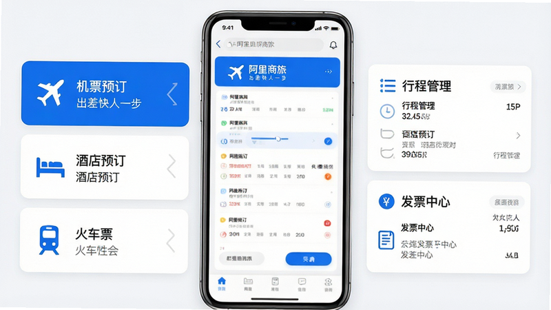 主体为“阿里商旅”APP高清界面展示,布局采用中心对称构图,左侧显示“机票预订”、“酒店预订”、“火车票”三大核心功能入口,右侧展示“行程管理”与“发票中心”板块,排版整洁有序,风格为现代简约商务风,细节处包含蓝色主色调的品牌Logo与清晰的文字标签,画质4K超清,干净无多余元素,文字清晰可读,包含“阿里商旅”、“出差快人一步”字样