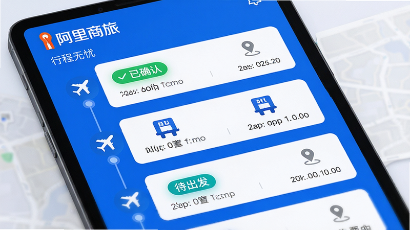 主体为“阿里商旅”行程时间轴界面,布局为垂直列表,每个节点显示“已确认”、“待出发”状态,连接着机票与酒店图标,排版逻辑清晰,风格为科技蓝与白色搭配,细节处包含地图定位标记与时间戳,画质细腻,干净,无多余元素,文字清晰,包含“阿里商旅”、“行程无忧”字样