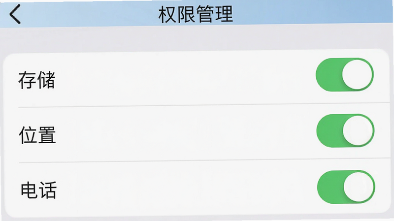 主体为“阿里商旅”APP权限设置界面,布局为列表形式,显示“存储”、“位置”、“电话”等权限开关状态,排版简洁明了,风格为系统原生设置风格,细节处包含开关按钮的绿色开启状态,画质清晰,干净,无多余元素,文字清晰,包含“阿里商旅”、“权限管理”字样