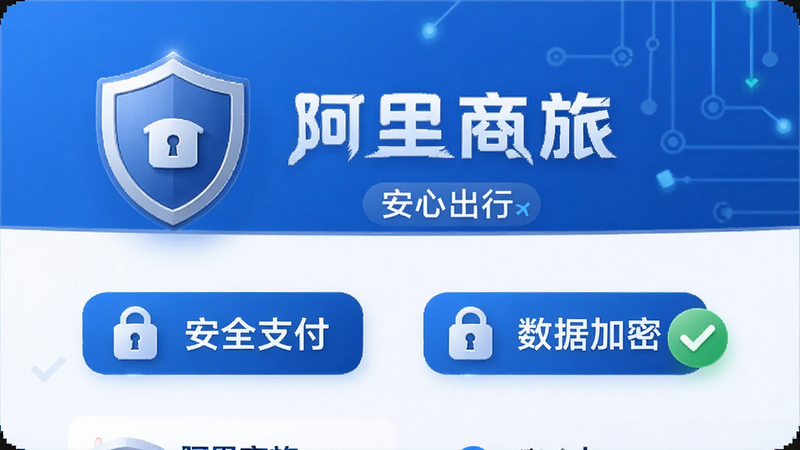 主体为“阿里商旅”安全认证界面,布局包含盾牌图标与“安全支付”、“数据加密”标识,排版庄重可靠,风格为科技蓝色调,细节处包含锁形图标与绿色对勾,画质高清,干净,无多余元素,文字清晰,包含“阿里商旅”、“安心出行”字样