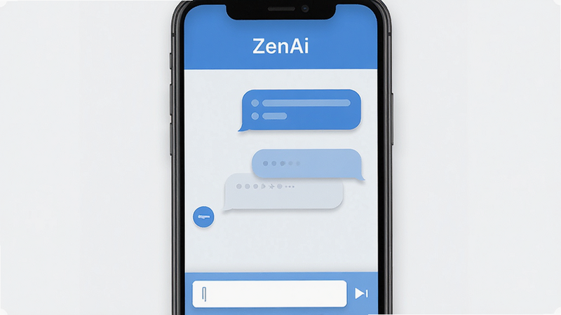 主体为手机屏幕显示的ZenAi应用界面,布局清晰整洁,顶部显示软件名称