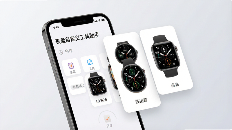 一张展示智能手机与智能手表连接界面的高清概念图,主体为手机屏幕显示“表盘自定义工具助手”操作界面,旁边悬浮着多个精美表盘预览卡片,布局简洁现代,背景为柔和的浅灰色渐变,风格扁平化,细节清晰,画质8k,干净,无多余元素