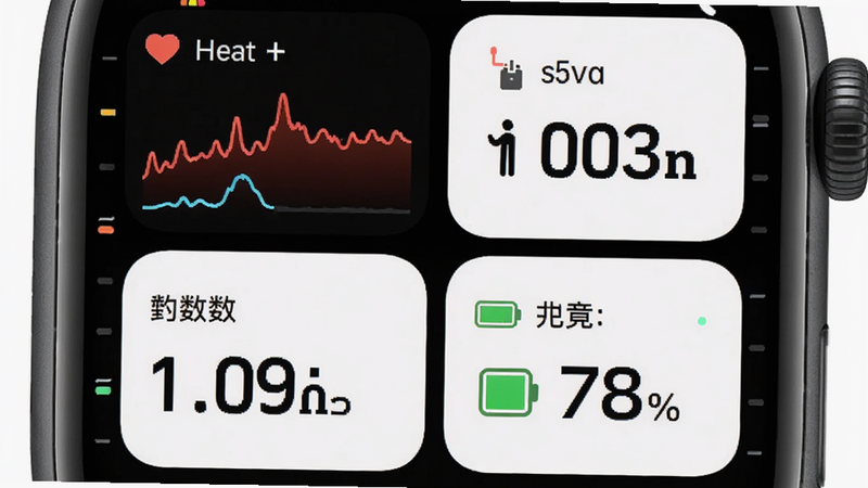 智能手表表盘界面,清晰展示心率曲线、步数计数和电量百分比插件,布局网格化,风格数据可视化,细节锐利,画质极清,干净,无多余元素