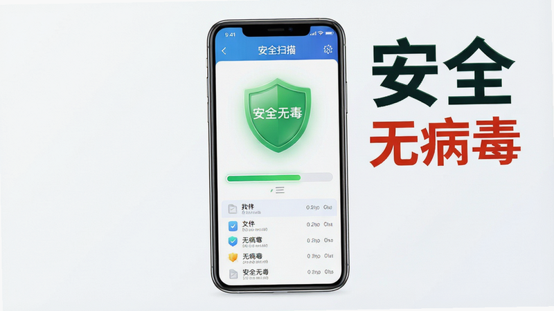 主体为手机安全扫描界面,显示“安全无毒”的绿色盾牌图标,布局居中,风格为科技感UI,细节包括扫描进度条与文件列表,画质清晰,文字