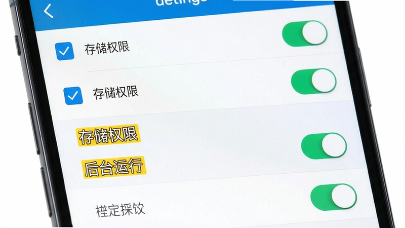 主体为手机设置界面截图,显示权限管理选项,布局为列表式,风格为扁平化UI设计,细节包括勾选框与开关按钮,画质清晰,文字