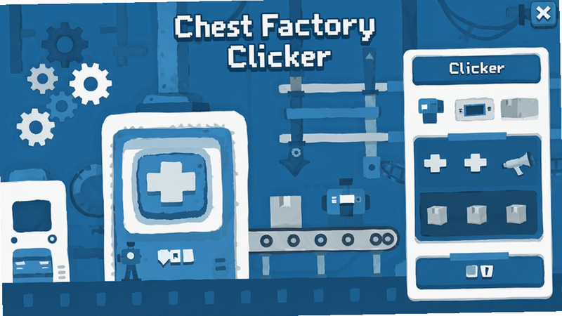 主体为Chest Factory Clicker游戏主界面,布局清晰,左侧为点击核心区域,右侧为升级面板,背景为简约工业风,色调以蓝白为主,细节丰富,包含齿轮、传送带元素,风格扁平化设计,画质高清,干净无多余元素,文字