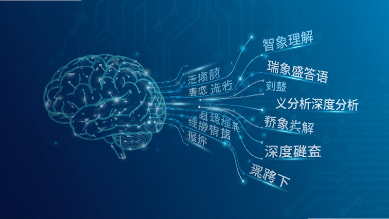 瑞象盛答语义分析示意图,抽象的大脑图标与数据流连接,数据流中嵌入中文关键词,背景为科技蓝渐变,象征智能理解与深度分析,简洁科技感,无杂乱线条