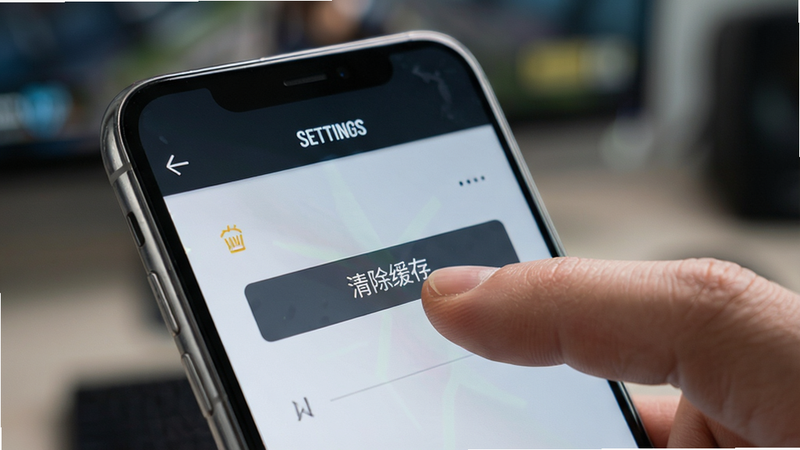 主体是一部智能手机屏幕显示着游戏设置界面,手指正在点击“清除缓存”按钮,背景模糊处理,布局聚焦于屏幕中心,排版清晰,风格为写实科技风,细节包括手机边框的光影和手指的纹理,画质锐利,干净,无多余元素,文字