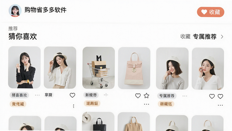 主体为购物省多多软件个性化推荐界面,布局为瀑布流商品展示,排版灵活美观,风格清新简约,细节包含用户头像、推荐标签、收藏按钮,画质细腻,干净,无多余元素,文字包含