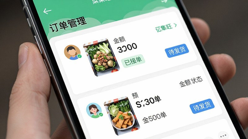 主体为手机界面展示订单处理流程,布局采用纵向列表设计,每项订单包含客户头像、商品缩略图、金额和状态标签,排版整齐,风格为扁平化设计,细节显示绿色