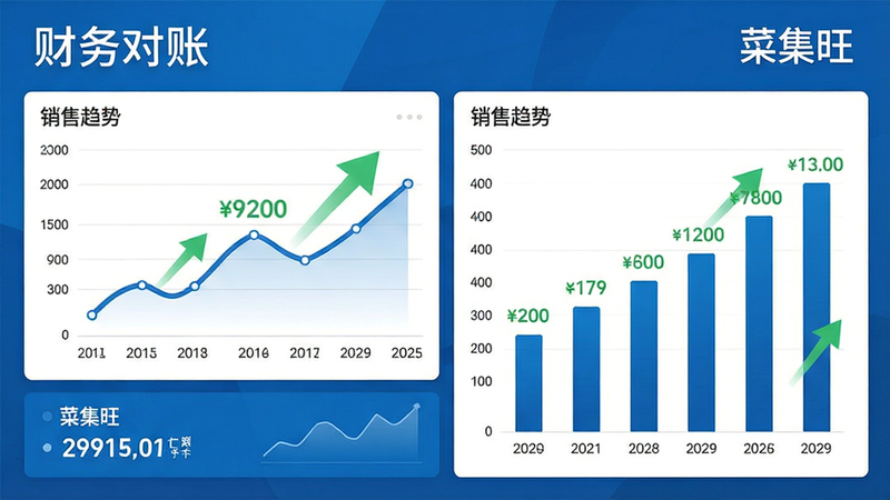 主体为财务报表界面,布局采用图表与数字结合的形式,包含折线图和柱状图展示销售趋势,排版简洁明了,风格为专业商务蓝,细节包含绿色上升箭头和具体金额数字,画质精细,干净,无多余元素,文字包含