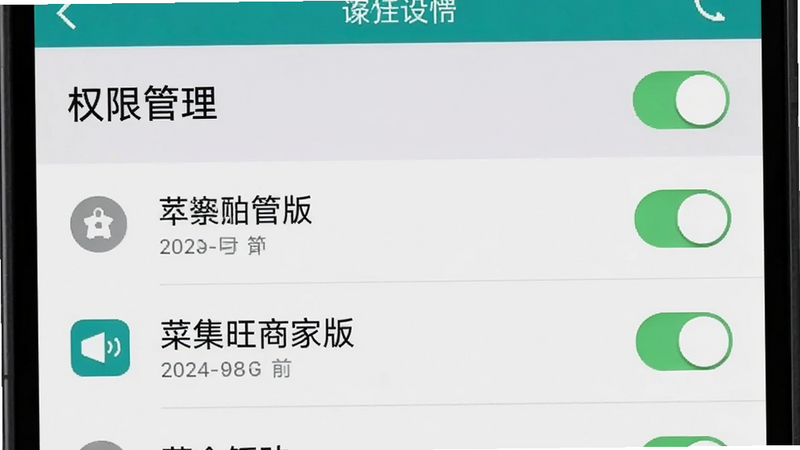 主体为手机设置界面,布局为列表形式,显示权限管理选项,排版清晰,风格为系统默认灰白,细节包含开关按钮和权限图标,画质清晰,干净,无多余元素,文字包含