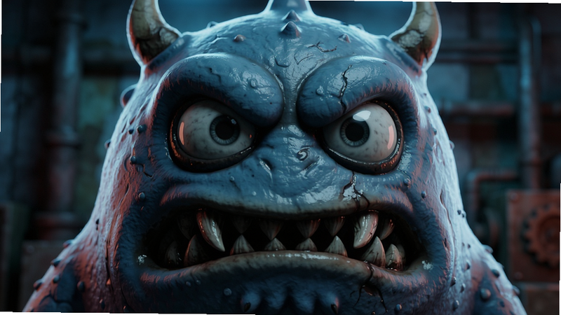 主体为Cuddly Monster角色特写,面部表情狰狞,背景是模糊的工厂墙壁,色调偏冷蓝与暗红,布局聚焦面部,排版紧凑,风格为恐怖游戏角色渲染,细节展现皮肤纹理与光泽,画质高保真,干净,无多余元素