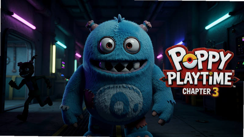 主体为Poppy Playtime Chapter 3游戏主视觉图,中央是巨大的蓝色毛绒怪物Huggy Wragh正对着镜头,背景昏暗的工厂走廊布满霓虹灯管,左侧有角色剪影正在奔跑,右侧显示游戏Logo“Poppy Playtime Chapter 3”,布局居中对称,排版清晰,风格为3D写实恐怖风格,细节丰富,画质4K高清,干净,无多余元素