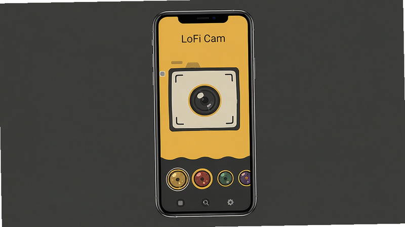 �����ֻ���Ļչʾ���棬����Ϊ��ɫ��������Ļ������ʾ�������е� LoFi Cam Ӧ�ý��棬��������������ȡ���򡢵ײ�һ��Բ�θ����˾�ͼ�꣬������ʾ��LoFi Cam������������ɫ��Ϊů��ɫ�����ɫ���䣬UI ��Ƽ���ƽ���޶���װ��Ԫ�أ�4k ���ʣ��ɾ�����