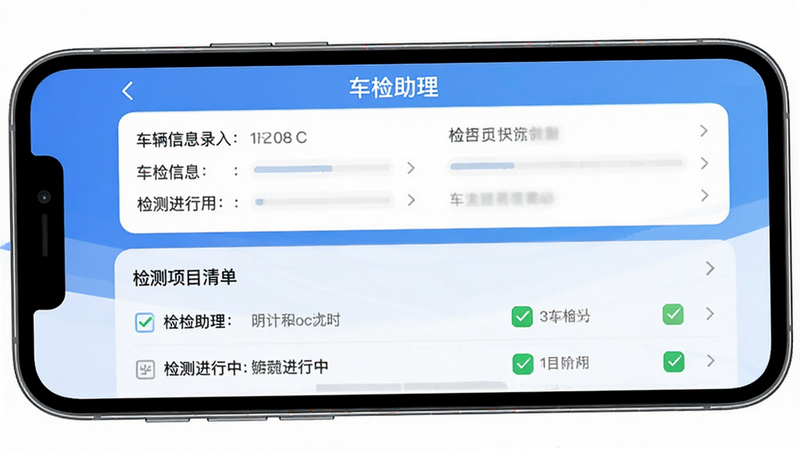 主体为一部智能手机屏幕,显示车检助理APP界面,布局清晰分为上下两部分,上方为车辆信息录入区,下方为检测项目清单,排版整洁有序,风格为现代扁平化设计,细节处展示绿色对勾图标表示通过项,画质高清,干净无多余元素,文字内容为