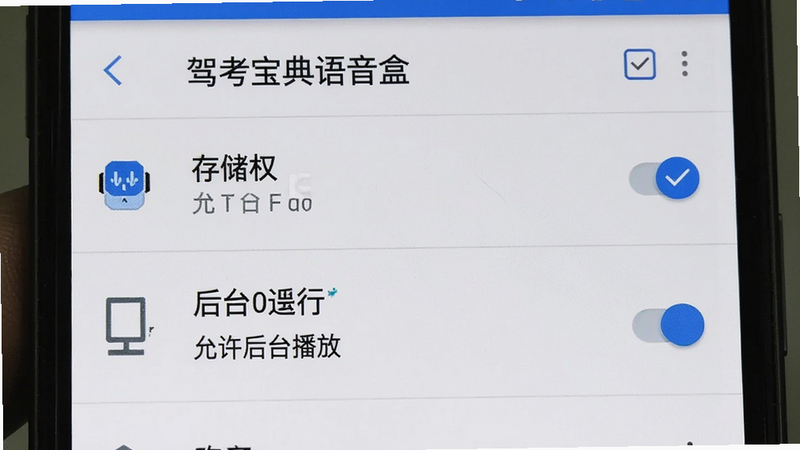 主体为手机设置界面,显示“驾考宝典语音盒”的存储权限和后台运行设置,布局为典型的安卓设置列表,排版简洁,风格系统原生,细节处有勾选框和开关按钮,文字“允许后台播放”清晰可见,画质真实,干净无多余元素