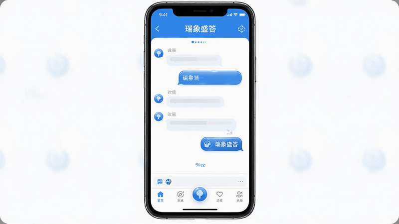 瑞象盛答APP的主界面全景图,展示底部导航栏、中间对话区、顶部状态栏,整体色调为蓝白搭配,界面整洁,风格现代,细节处体现图标的光泽感,画质高清,干净无杂乱元素,文字内容为“瑞象盛答”