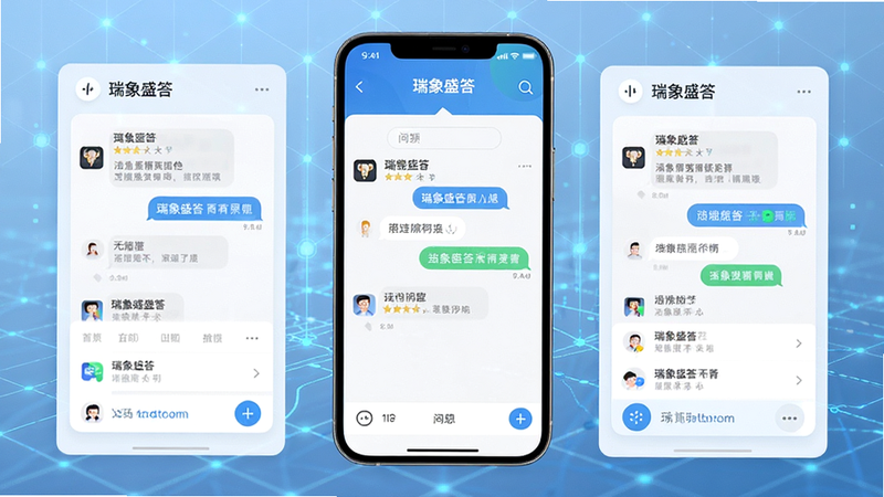 主体为瑞象盛答APP的高清界面预览图,布局采用简洁的卡片式设计,中心显示问答对话窗口,背景为淡蓝色科技感网格,排版清晰,风格现代简约,细节处体现UI图标的高保真渲染,画质超清,干净无多余元素,文字内容为“瑞象盛答”