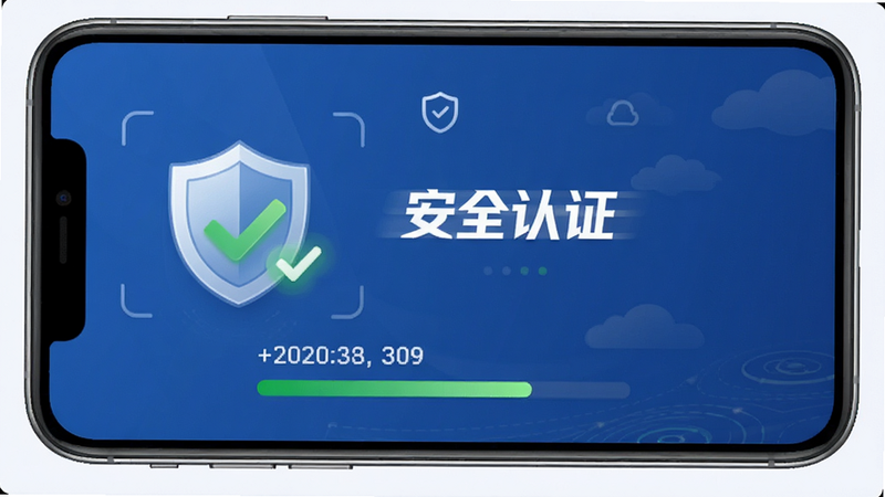 驰风畅游APP的安全认证界面,展示盾牌图标与绿色对勾,布局简洁对称,风格稳重可信,细节包含安全扫描进度,画质清晰,干净无多余装饰,文字