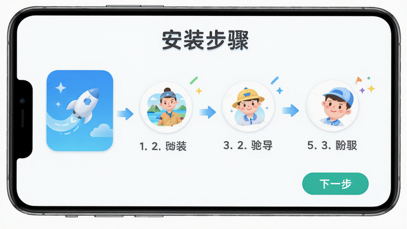 驰风畅游APP的安装引导界面,展示安装步骤图示,布局步骤化,风格友好引导,细节包含下一步按钮,画质清晰,干净无杂乱背景,文字